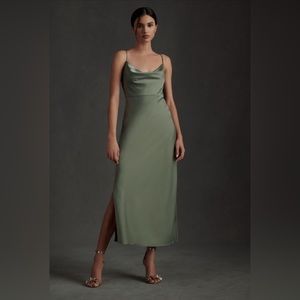 BHLDN Cali Satin Cowl-Neck Midi Slip Dress in Moss